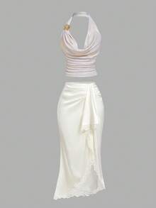 SHEIN MOD Gorgeous Court-Style Apricot Draped Neck Ruched Vest With Metallic Flower And Faux Pearl Button Decoration – Dreamy Romantic, Date, Party, Women's Summer And Spring Wear, Spring Break, Vacation, Picnic, Festival, Birthday - Apricot - View 8