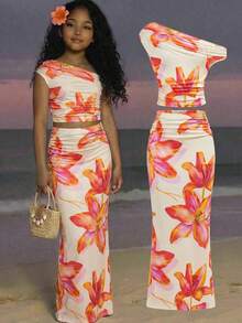 SHEIN Tween Girls Knit Floral Print Asymmetric-Shoulder Top And Maxi Skirt 2 Pieces Set, Casual Vacation Beach Holiday Outfit - Yellow - View 1
