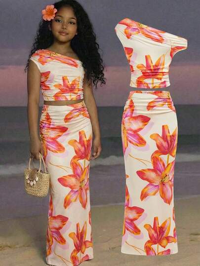 SHEIN Tween Girls Knit Floral Print Asymmetric-Shoulder Top And Maxi Skirt 2 Pieces Set, Casual Vacation Beach Holiday Outfit