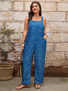 EMERY ROSE Plus Size Women Loose Elegant Plaid Dual Pocket Casual Jumpsuit With Suspenders - Navy Blue - View 5
