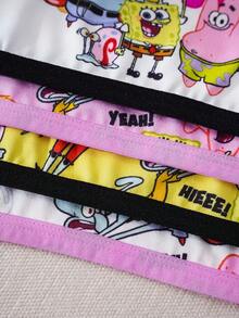 SpongeBob SquarePants | SHEIN 4pcs/Set Tween Girl Contrast Trim Cartoon Print Camisole Underwear - Multicolor - View 4