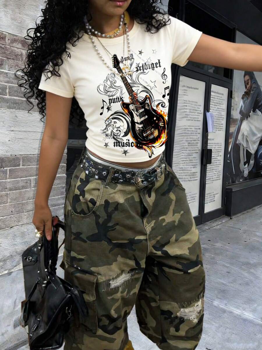 女士字母吉他印花圆领短袖休闲T恤 - 白色 - 查看 1