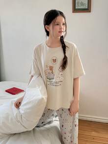 DAZY 少女字母卡通印花圆领短袖上衣和条纹印花长裤睡衣套装 - 米色 - 查看 10