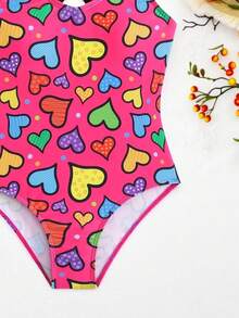 SHEIN GraphicGems New Fashion Heart Print One-Piece Swimsuit For Young Girls - Multicolor - View 6