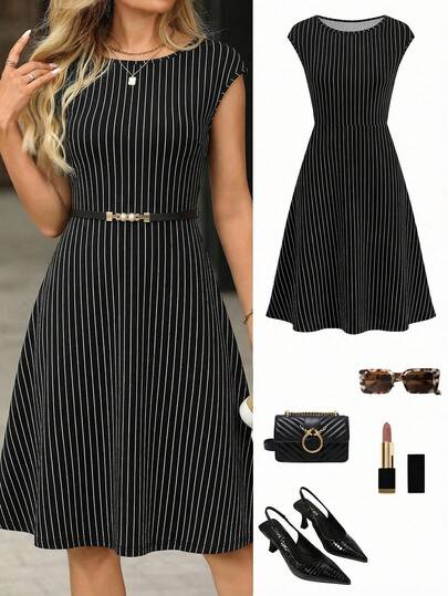 Ellevyn Women's Striped Round Neck Cap Sleeve Casual Midi Dress Summer Outfits For Women  Women's Casual And Elegant Outfits  Black Striped Knit Stretch Dress, Elegant And Versatile, Suitable For Commuting And Everyday Office Wear, Mid-Length Short-Sleeved Fitted Waist Dress. Black Work Dress Black Dresses For Women Summer Funeral Outfit For Women Vegas Outfit Black And White Stripe Dress