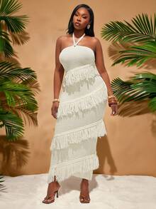 Radiana Plus Size Women's Spring/Summer Sexy Fashion Elegant Vacation Halter Fringe Asymmetric Design Bodycon Knit Dress, Suitable For Everyday Wear, BOHO, Bohemian, Outing, Resort, Beach Vacation, Holiday, Seaside, Western Wear, Music Festival, Concert, Carnival Party, Richly Layered, Date Night, Ibiza, Nashville, Break, Modest, Chic, Club, Cute, Casual, Shopping, Streetwear, Going Out, Easy To Match & Looks Slim, Accent Your Body, Flatter The Figure - Apricot - View 4