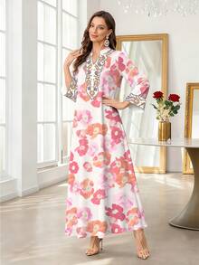 SHEIN Najma Đầm maxi dài tay cổ chữ V xẻ tà họa tiết hoa nhí đỏ hồng, kiểu dáng thanh lịch cho mùa xuân/hè, phù hợp mặc hàng ngày, đi nghỉ mát và du lịch. - Nhiều màu - Xem 4