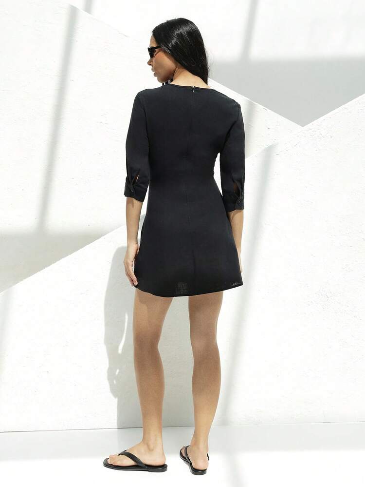 KSTM Deep V-Neck Black Mini Dress With Three Quarter Sleeves And Fitted Silhouette For Women Casual Day Evening Occasions