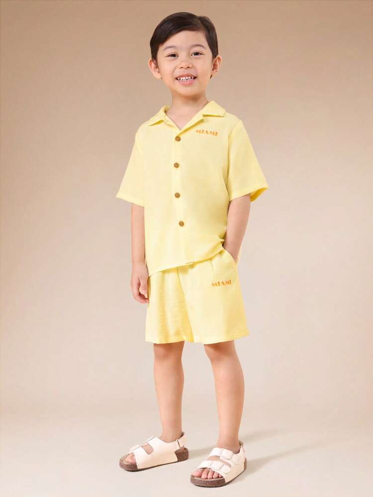 Boys Yellow Miami Vacation Shirt And Shorts Co-Ord Set With Palm Tree Sunset Print Button Front Collared Summer Outfit