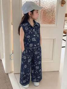 Dazy Kids Setelan Musim Panas untuk Anak Perempuan: Rompi Denim Gelap Tanpa Lengan dan Celana Jeans Longgar Berpotongan Lebar - Biru - View 5