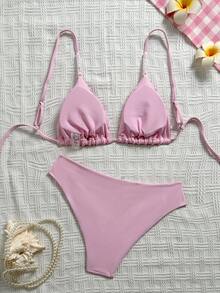 Swim Mod Conjunto de Maiô Bikini Triângulo Retrô de Alta Qualidade Feito à Mão com Contas para Mulheres, Maiô Bikini de Praia Sexy com Decoração de Contas, Cor Sólida Versátil para Primavera/Verão - Rosa Bebê - Visão 6