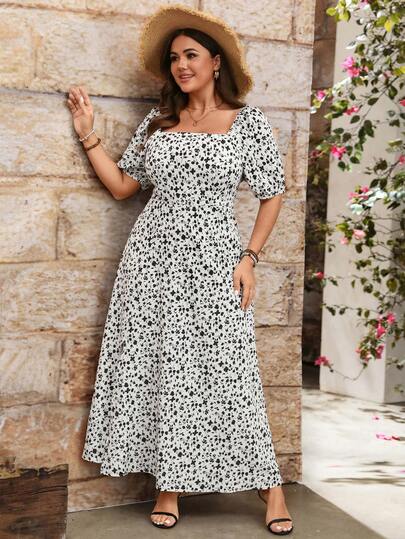 GlowEve CURVE Vestido elegante de cuello cuadrado con mangas de pétalo y estampado floral diminuto para mujer de talla grande