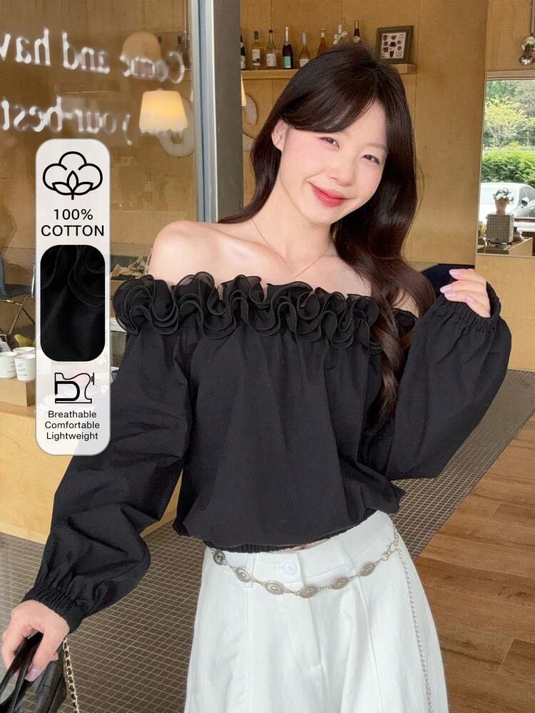 Women's Solid Color Loose Ruffled Off-Shoulder Long Sleeve Casual Vacation Blouse, Spring/Summer