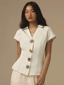 COSMINA 女士白色牛仔金属纽扣短袖上衣，连帽半袖牛仔T恤衬衫款，休闲优雅通勤简约Y2K牛仔上衣 - 白色 - 查看 6