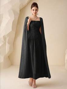 Modelyn Đầm dạ hội sang trọng, thanh lịch, màu trơn, chất liệu chiffon, họa tiết hoa ghép mảnh, tay áo cánh hoa rộng, eo thắt gọn. - màu đen - Xem 5