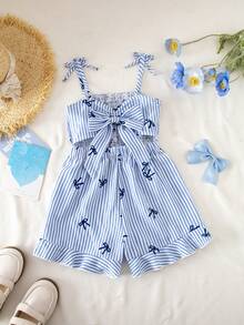 SHEIN Bộ áo liền quần cho bé gái, kiểu dáng thanh lịch, thoải mái, thích hợp cho kỳ nghỉ, dây mảnh, ôm sát, màu xanh dương, chất liệu dệt, thích hợp cho mùa xuân/hè, đi chơi ngoài trời. - Màu xanh lam - Xem 2