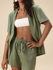 Travachic 2026春夏绿色纯色宽松短袖衬衫和短裤两件套 - 彩色 - 查看 4