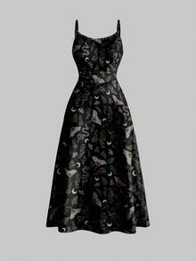 ROMWE Goth 暗黑哥特风神秘蝴蝶、蛇、蛾、叶印花性感露背紧身连衣裙，适合海滩度假 - 黑色 - 查看 1