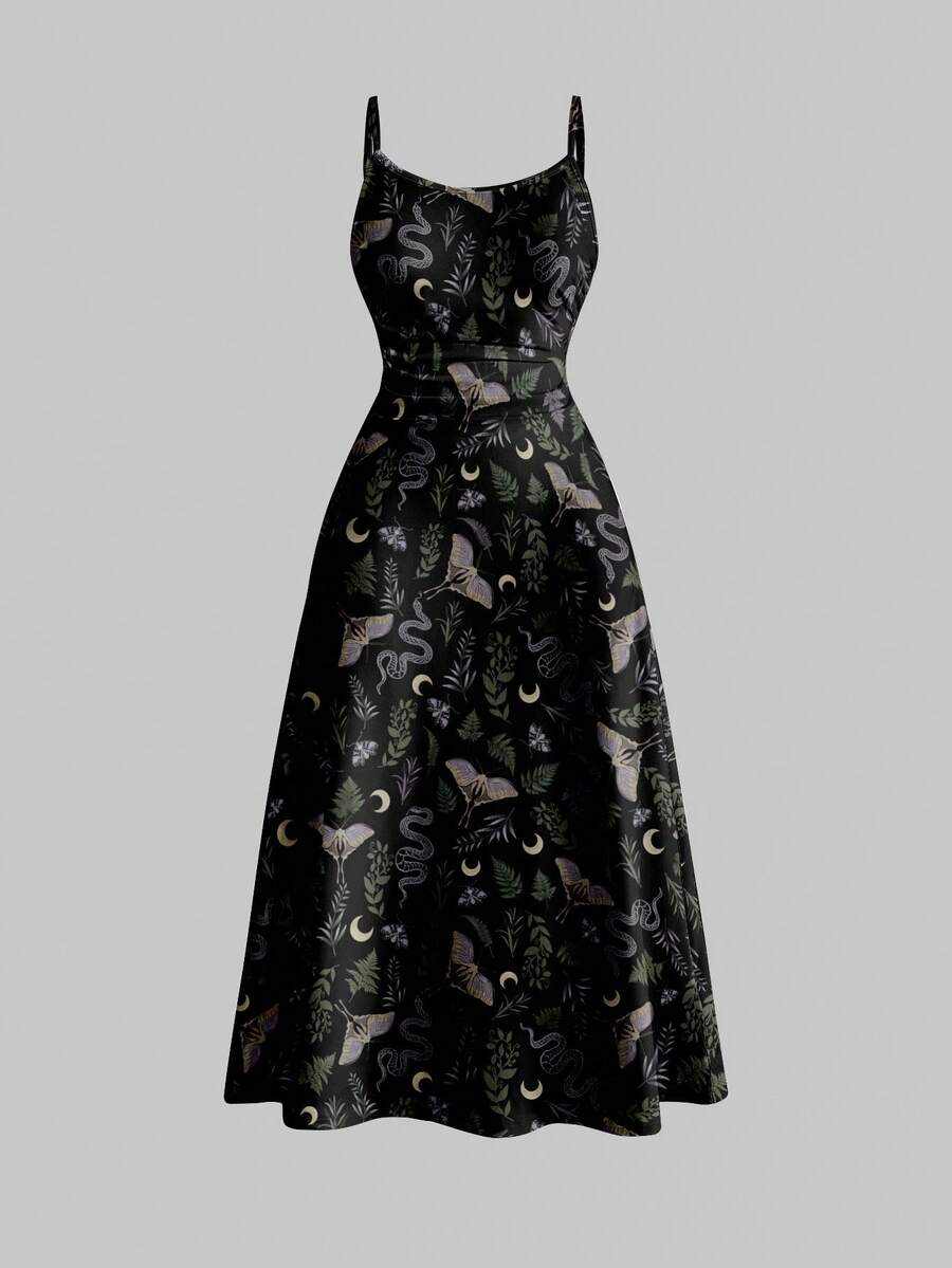 ROMWE Goth 暗黑哥特风神秘蝴蝶、蛇、蛾、叶印花性感露背紧身连衣裙，适合海滩度假 - 黑色 - 查看 1