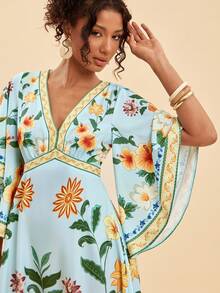 Travachic Vestido de vacaciones con estampado floral y mangas acampanadas - Verde - Ver 3