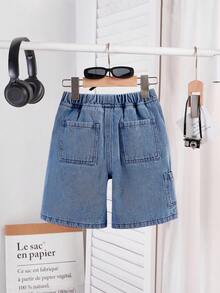 SHEIN 男童夏季复古休闲拼接宽松蓝色牛仔短裤，带侧袋，适合春夏穿着，春假穿搭 - 中等水洗藍 - 查看 5