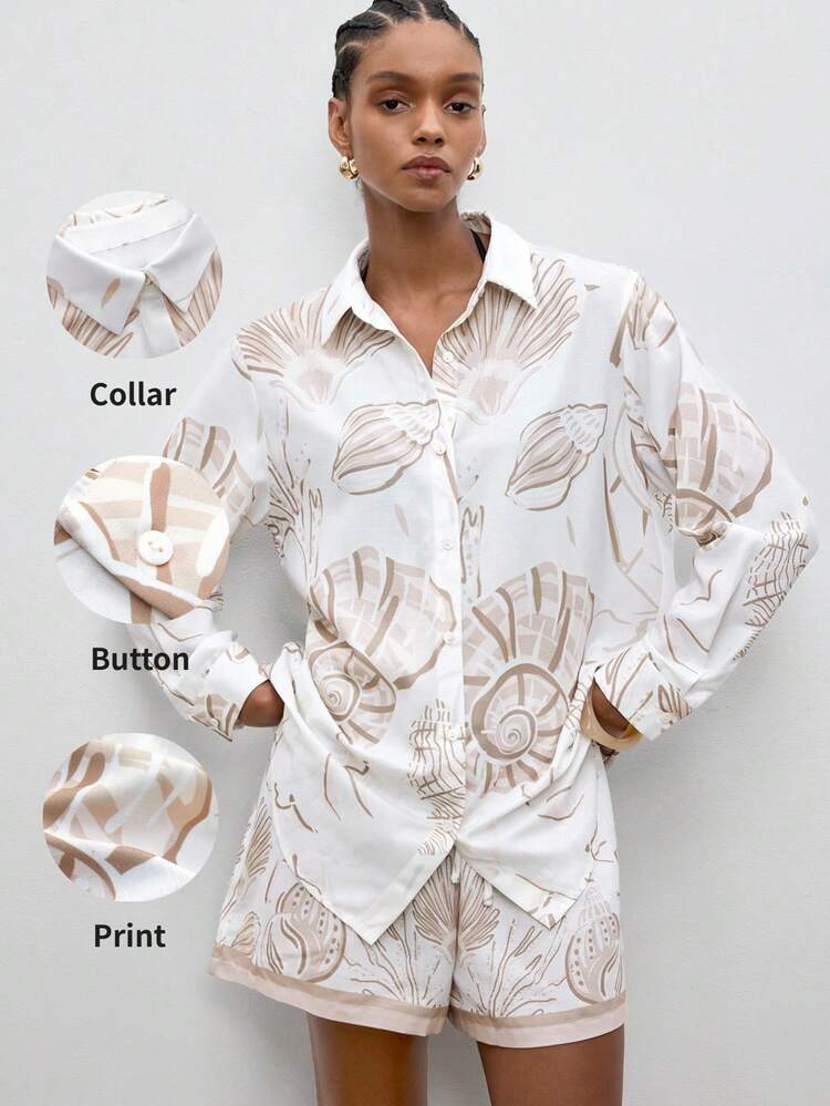 SHEIN Maija Women's Seashell Print Long Sleeve Button-Up Casual Loose Shirt,Going Out,Casual Blouse For Women,Summer Holiday,Beach Vacation,Summer Holiday,Beach Vacation