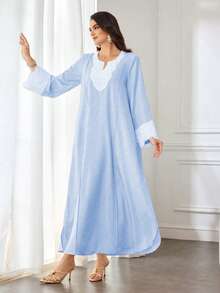 Al Najma Đầm maxi dài tay dáng rộng, thanh lịch, cổ ren thêu, kiểu dáng truyền thống Ả Rập dành cho nữ, thích hợp mặc hàng ngày. - Màu xanh lam - Xem 5