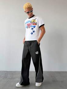 PAVTROS 男士宽松抽绳腰带印花休闲运动裤，年轻街头风 - 黑色 - 查看 5