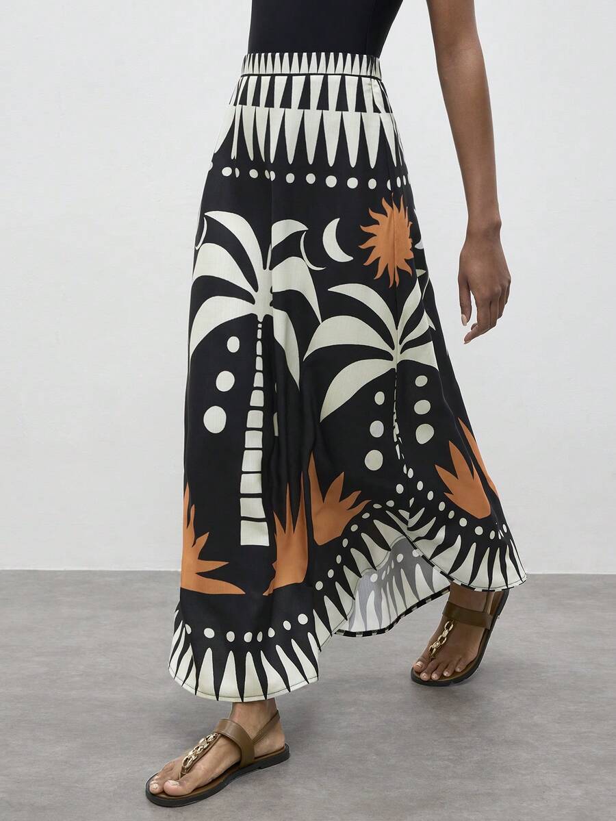 Maija Women's Black Coconut Tree Vacation Style Print High Waist Casual Vacation Skirt For Spring/Summer Relaxing On The Beach Going Out Vacation Outfits Healing Commuting Style Comfy Soft Power - Multicolor - View 1