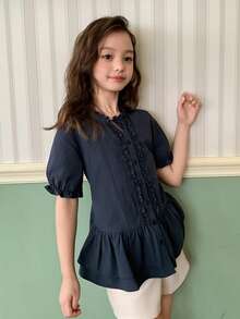 DAZY Tween Girl Solid Color Frill Trim Short Petal Sleeve Single-Breasted Casual Shirt Summer - Navy Blue - View 4