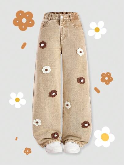 ChillGRL Tween Girl One-Piece Denim Wide-Leg Pants, Vintage Distressed Aesthetic, Cute & Sweet Casual College Style Vacation Recommendation. Classic Washed Denim In Khaki, Coffee + White Handmade Floral Crochet Detailing, Sweet & Playful.