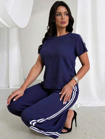 Traje Casual de Mujer de dos Piezas Delgado, Pantalones y Blusa ligeros, Cuello Rendodo, Manga Corta, Comodos