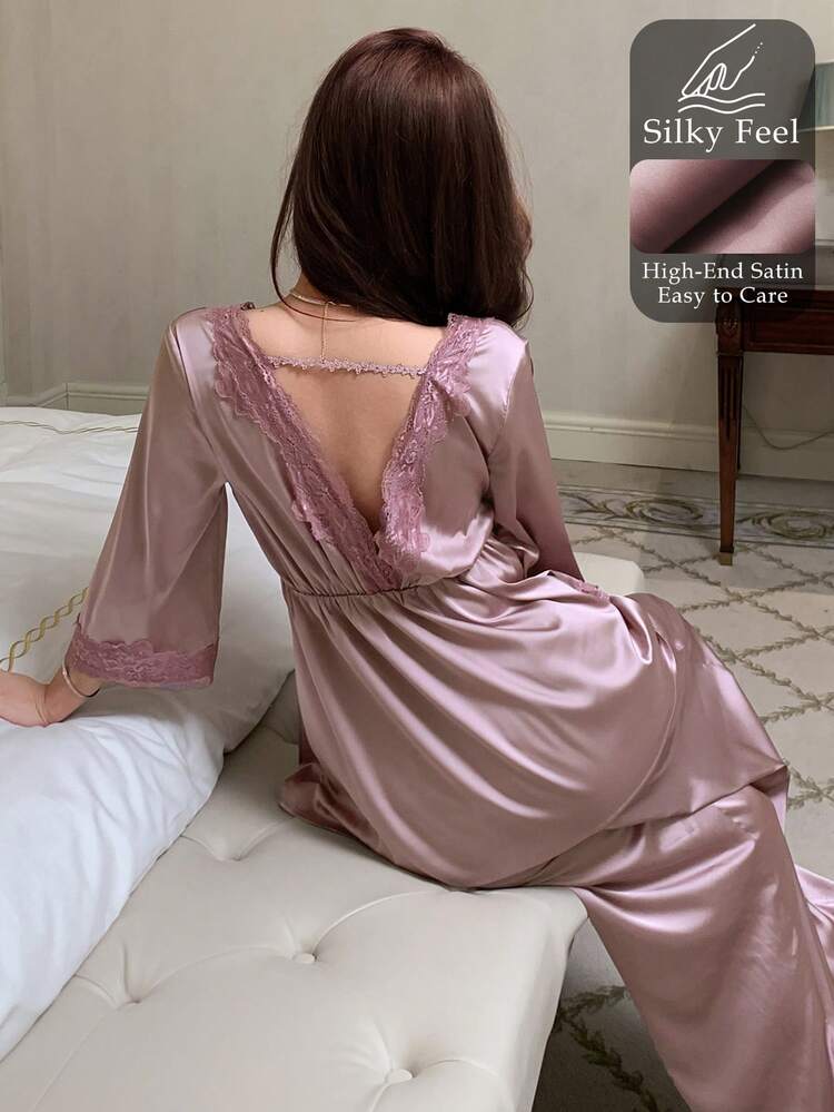 2pcs Lace Patchwork V-Neck 3/4 Sleeve Top And Loose Straight Leg Long Pants Pajama Set, Suitable For Spring And Summer