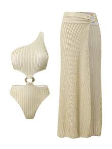 Swim Oasis Bộ đồ bơi liền thân và chân váy maxi dài cao cấp với phụ kiện kim loại dành cho nữ. - Màu be - Xem 1