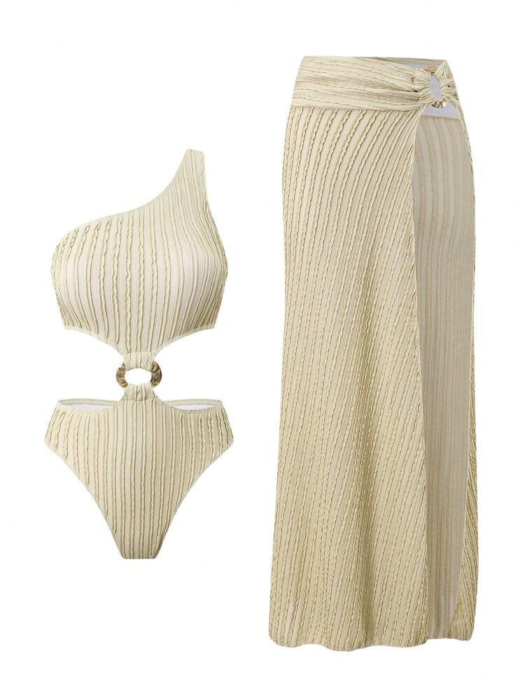 Swim Oasis Premium Special Fabric Metallic Accessory One Piece Swimsuit & Extra Long Maxi Skirt 2 Pieces Set For Women - Apricot - View 1