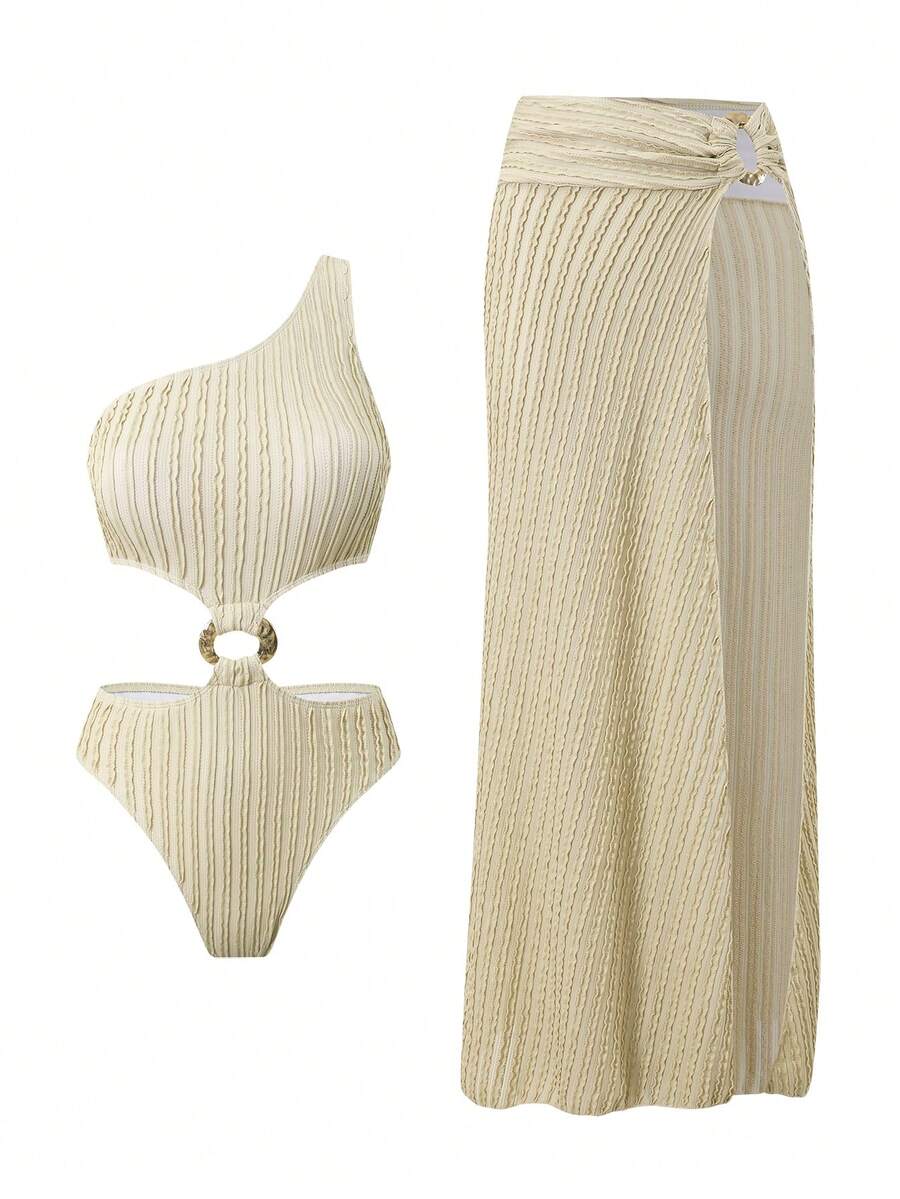 Swim Oasis Bộ đồ bơi liền thân và chân váy maxi dài cao cấp với phụ kiện kim loại dành cho nữ. - Màu be - Xem 1