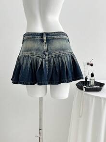 Elamini Falda vaquera plisada con efecto ombré lavado en estilo vintage casual - Azul lavado oscuro - Ver 2