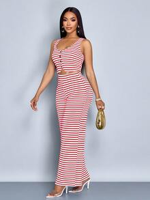 SOLERSUN Women Striped Striped Sleeveless V-Neck Front Button Vest And Pants Set - Red - View 7