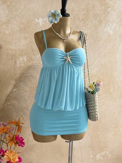 Soleia Mint Green & Aqua Blue Spaghetti Strap Metallic Starfish & Jellyfish Decor Bodycon Mini Dress, Romantic Vacation, Sexy Beach, Tropical Resort, Date, Afternoon Tea, Cruise, Road Trip, Party, Boho, Hippie, Western, Carnival, St. Patrick's Day,Summer Dresses For Women Casual Dresses For Women Beach Outfit For Women Dress,Beach Cruise Vacation Road Trip City Vacation,Music Festival Outfits, Bohemian Style Outfits, Beach Outfits, Summer Outfits, Music Festival Outfits, Everyday Outfit,Island Vacation