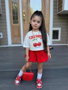 Young Girl Casual Cute Cherry Print Round Neck T-Shirt And Peplum Skirt 2-Piece Set - Red and White - View 4