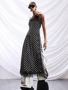 LYSMO 2026新款极简主义春夏女装波点蕾丝拼接吊带连衣裙，波点蕾丝设计，高开衩侧边，可单穿或叠穿，复古又不失魅力。女士波点连衣裙，黑色波点连衣裙，黑白波点连衣裙，波点长裙 - 黑與白 - 查看 6