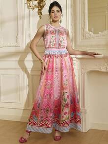 LOTSLUV Vestido Retrô Estampado Sem Mangas Evasê com Cintura Marcada, Estampa Retrô Posicionada em Rosa e Azul - Rosa chiclete - Visão 1