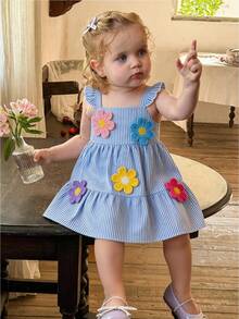 SHEIN Baby Girls Square Neck Ruffle Trim Striped Casual Pleated Dress - Blue and White - View 1