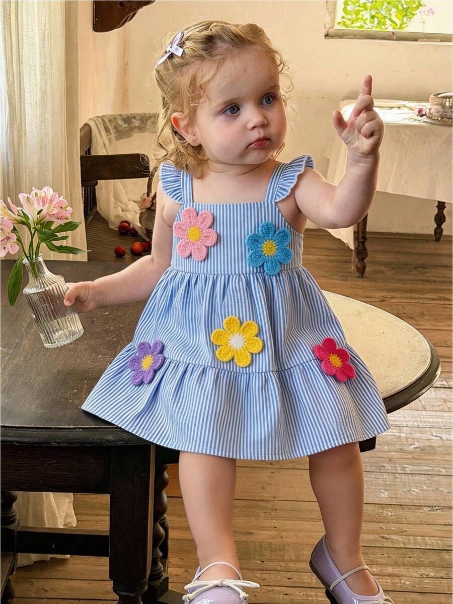 SHEIN Baby Girls Square Neck Ruffle Trim Striped Casual Pleated Dress - Blue and White - View 1