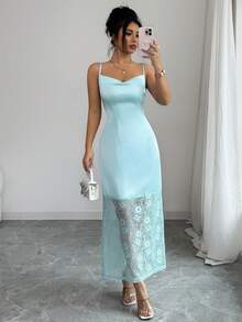 Selianne Women's Elegant Light Blue V-Neck Spaghetti Strap Dress With Lace Trim And Side Slit,Summer Date Formal Events,Light Social Occasions Casual Outings - Mint Blue - View 5