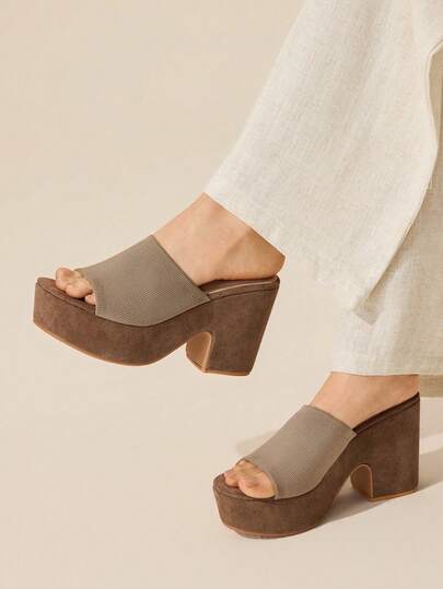 CUCCOO BASICS 女士时尚坡跟厚底凉鞋，春夏款，防水面料，法兰绒包边，性感系列风格，针扣设计，鞋跟高度10厘米，卡其色