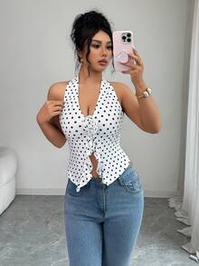 Rafferiza Women's New White Base Black Polka Dot Camisole, Neck Tie Bowknot, 3D Flower, Ruffle Trim, Deep V-Neck Backless Top, Sexy, Retro Sweet, Beach, Summer Outfits, Summer, Holiday, White Top - Black and White - View 5