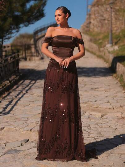 Aureia 优雅亮片拼接弹力缎面露肩正式礼服