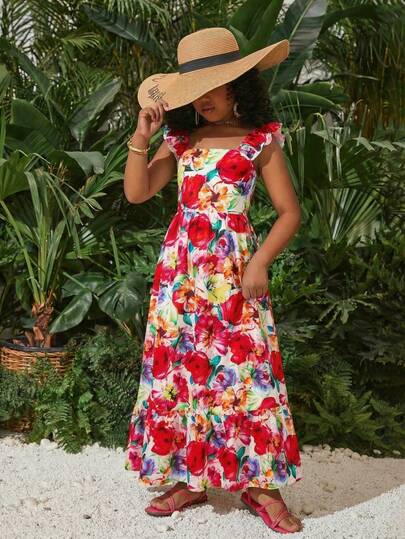 SHEIN Tween Girl Ditsy Floral Square Neck Sleeveless Casual Vacation Dress, Minimalist Sleeveless Floral Cami Sundress For Family Holiday, Beach Trip