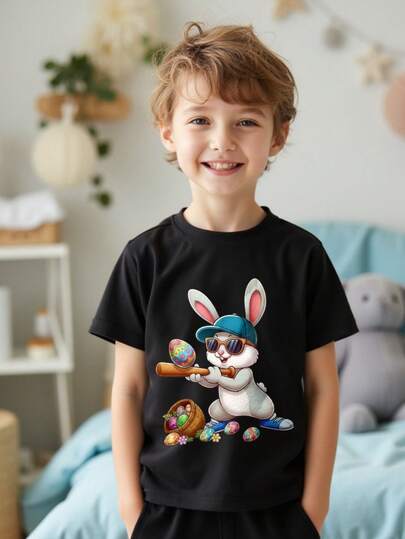 Young Boy Easter Bunny Pattern Casual Comfortable Short Sleeve Top, Boys Shirt, Suitable For Spring/Summer, New Summer Style, Suitable For Photography, Daily Wear, Outings, Home, Gifts, Easter